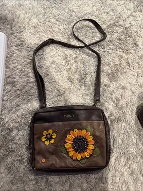 Chala Brown Crossbody Shoulder Bag with Orange & Yellow Floral Applique